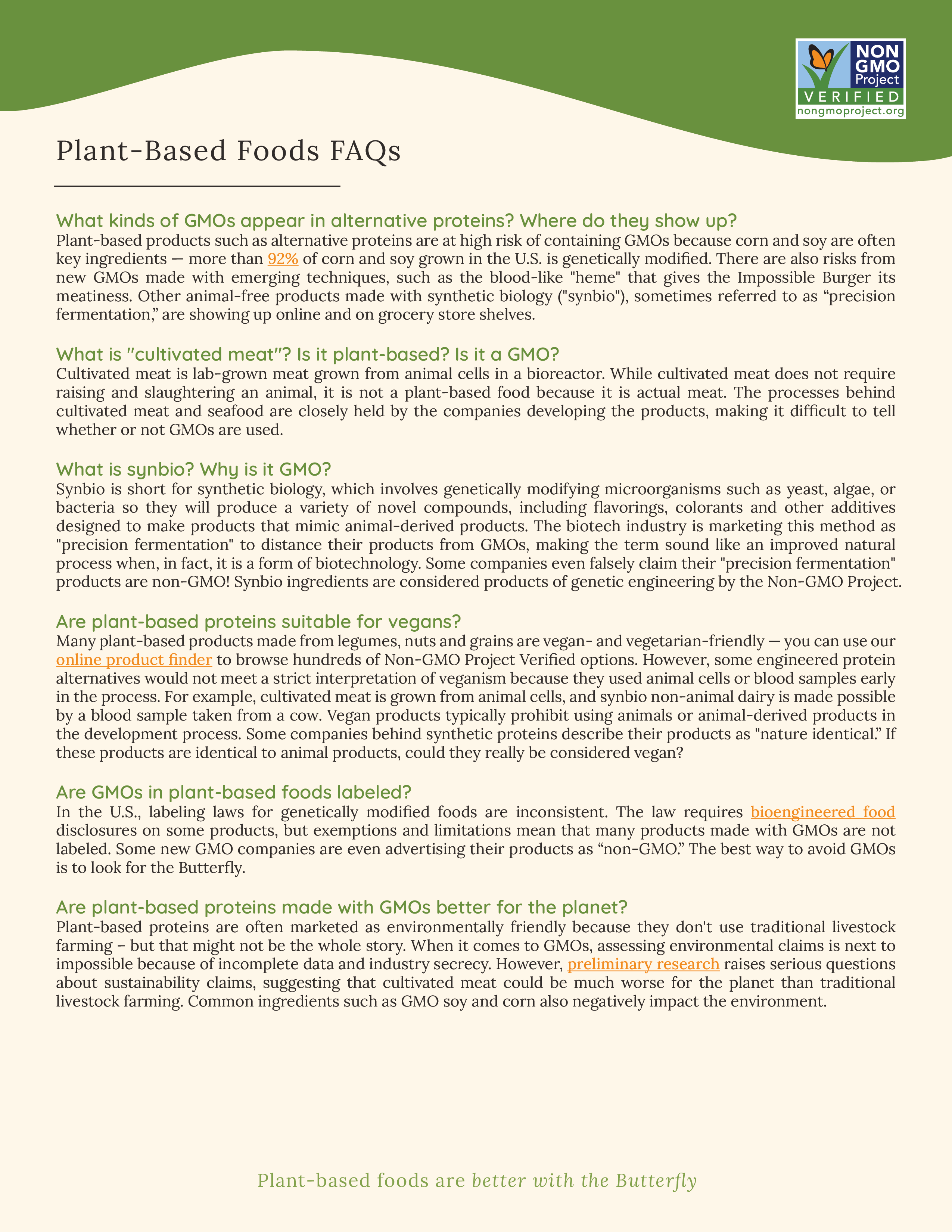 Plant-Based Foods 2023 FAQ document published by the Non-GMO Project
