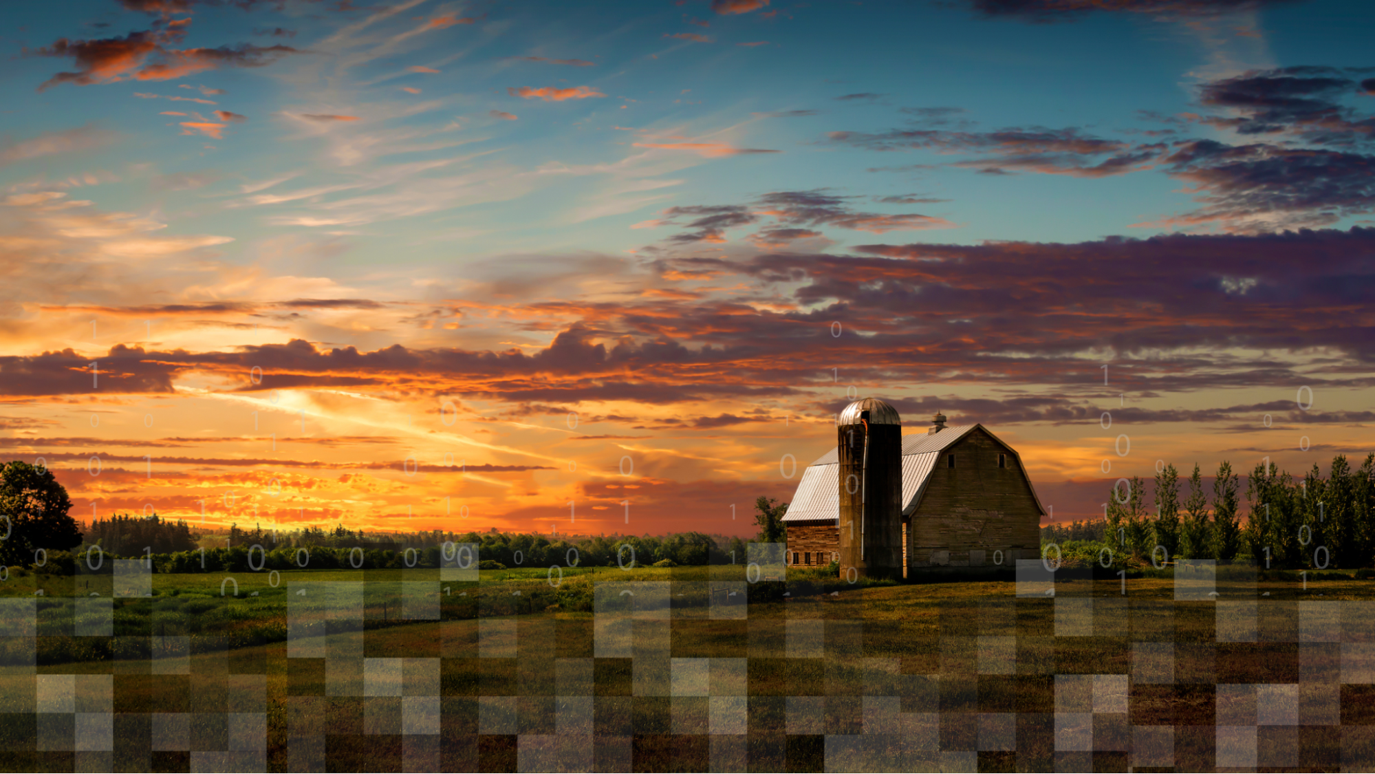 A sunset image of a barn on a green agricultural field